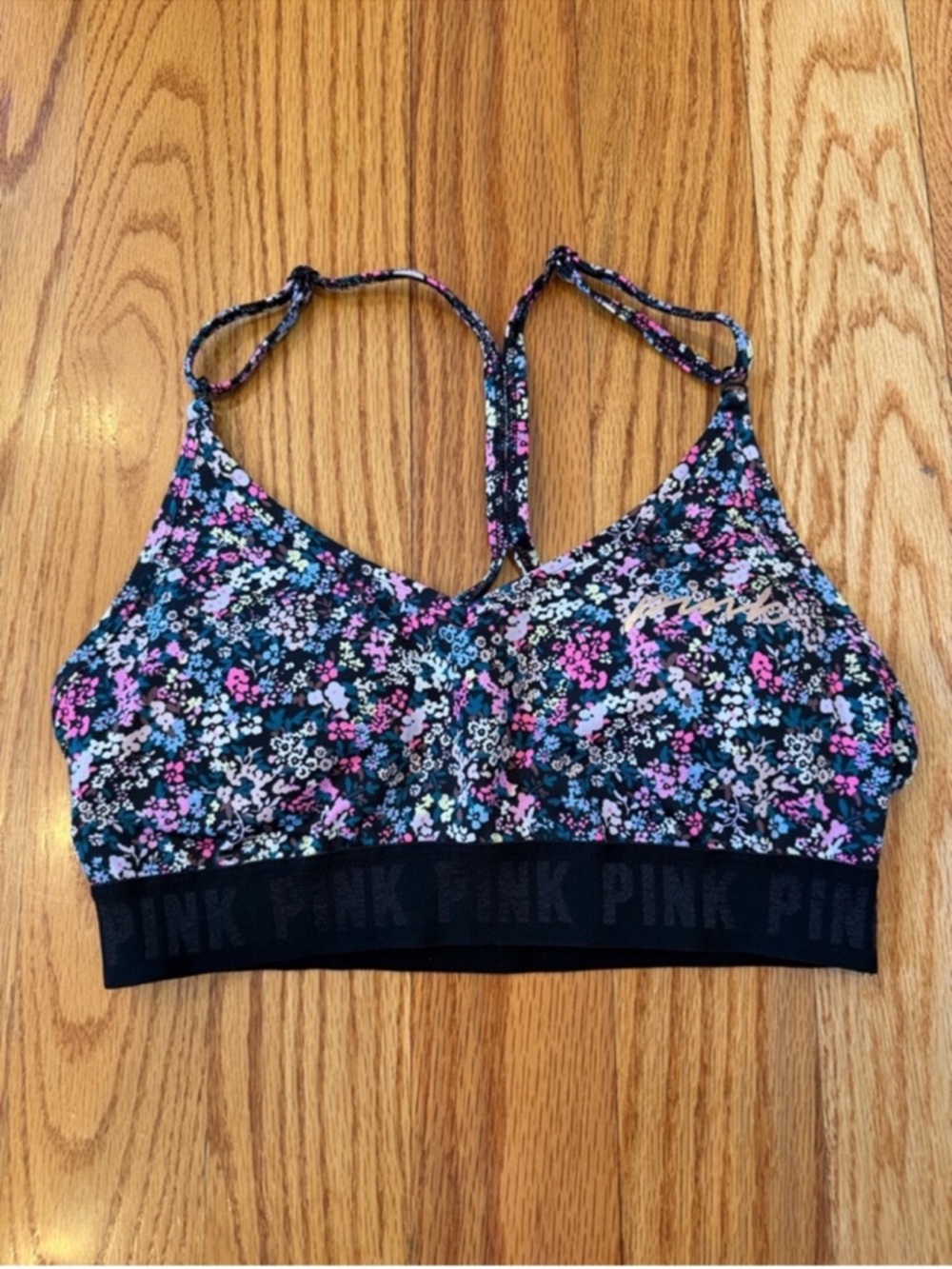 PINK Victoria's Secret Black Floral Racerback Sports bra with Flowers- Sz. M
